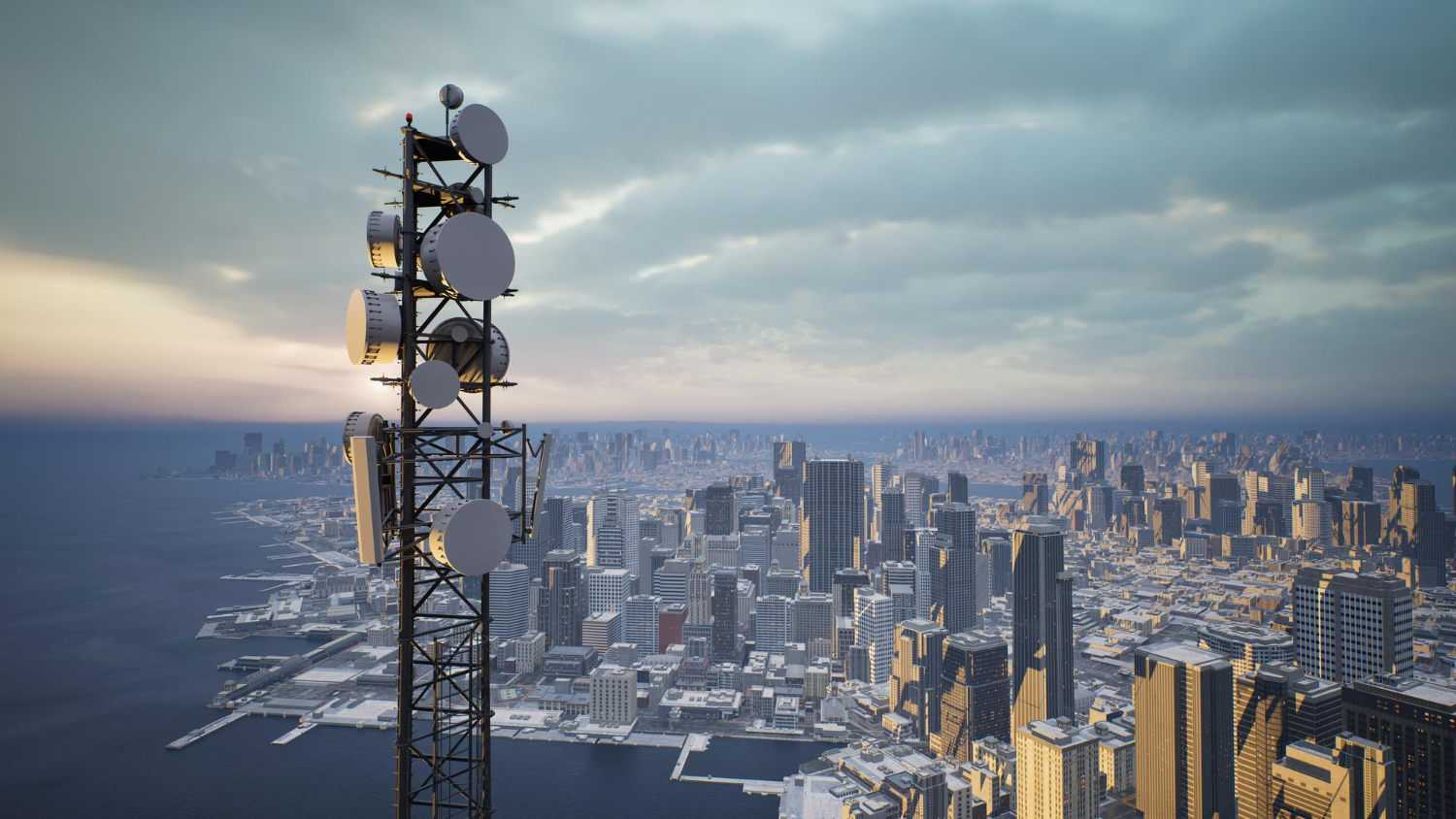 telecommunication tower with 5g cellular network antenna city background